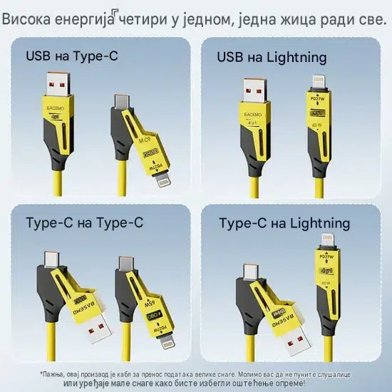 4 u 1 Uvlačivi Kabl za Brzo Punjenje – 65W, USB-C + Lightning