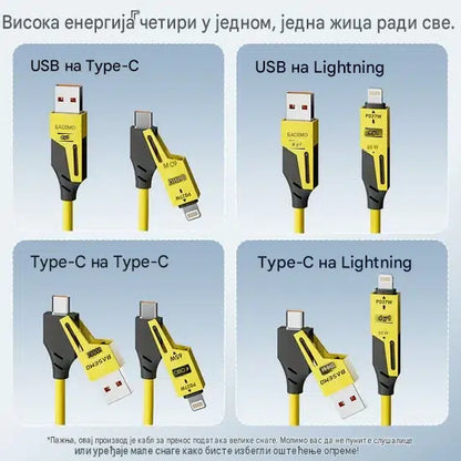 4 u 1 Uvlačivi Kabl za Brzo Punjenje – 65W, USB-C + Lightning