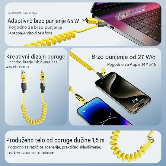 4 u 1 Uvlačivi Kabl za Brzo Punjenje – 65W, USB-C + Lightning